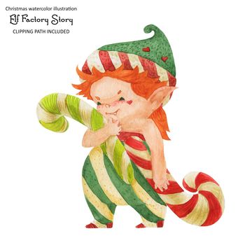 Christmas elf story, elf carries two candy canes, isolated watercolor and clipping path