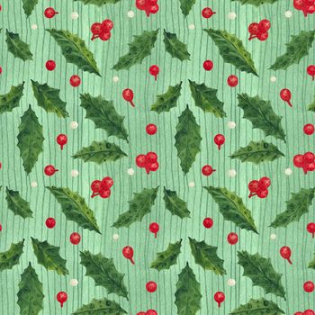 Christmas Holly watercolor seamless green pattern with leaves and berries