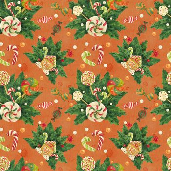 Christmas Holly watercolor seamless pattern with candy cane and lollipop and gignger bread bouquets