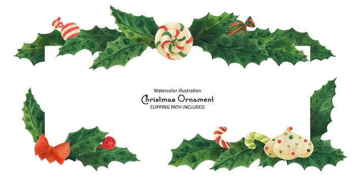 Christmas holly border with candy cane and lollipop and zefir, isolated watercolor illustration and clipping path