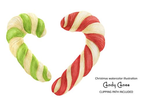 Red and green striped candy canes, watercolor isolated illustration with clipping path