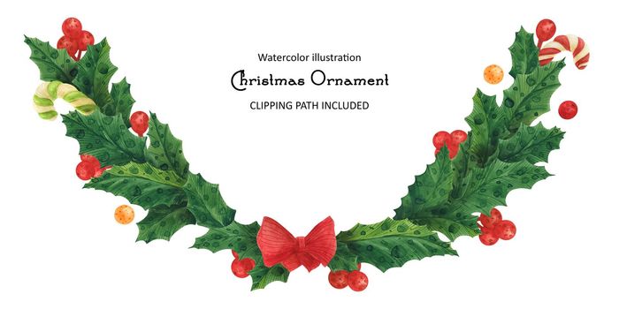 Christmas holly garland with red bow-knot, isolated watercolor illustration and clipping path