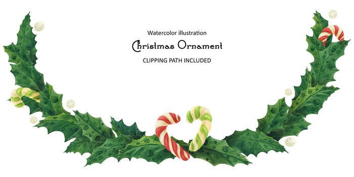 Christmas holly garland with candy canes, isolated watercolor illustration and clipping path