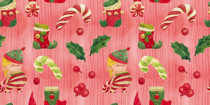 Christmas Elves Story seamless pattern, girl elf with candy cane