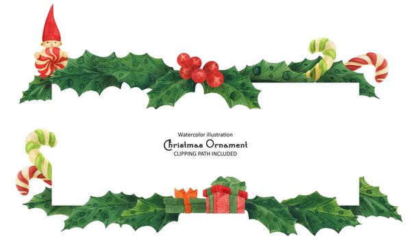 Christmas holly border with red gnome and candy canes and gift boxes, isolated watercolor illustration and clipping path