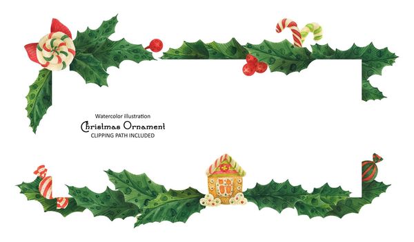 Christmas holly header with gingerbread house and candy canes and lollipop, isolated watercolor illustration and clipping path