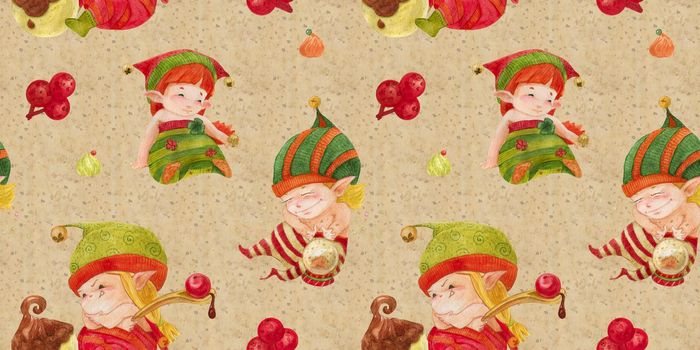 Christmas Elves Story seamless pattern, three baby elves with sweets and crystal ball