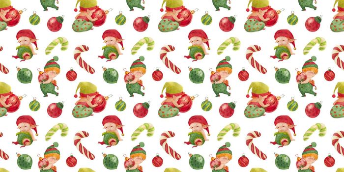 Christmas Elves Story seamless pattern, baby elves with glass baubles and candy canes