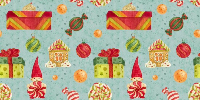 Christmas Elves Factory seamless watercolor pattern with gingerbread and lollipops and gifts
