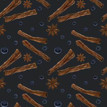 Christmas hot wine spices seamless pattern, watercolor on a dark blue background