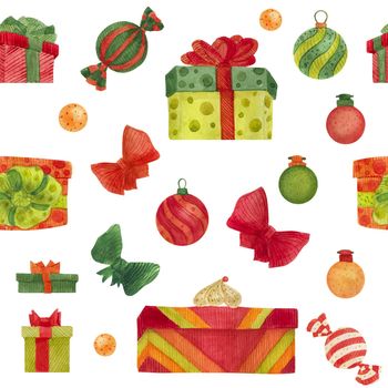 Christmas Elves Factory seamless watercolor pattern with sweets and gift boxes on a white