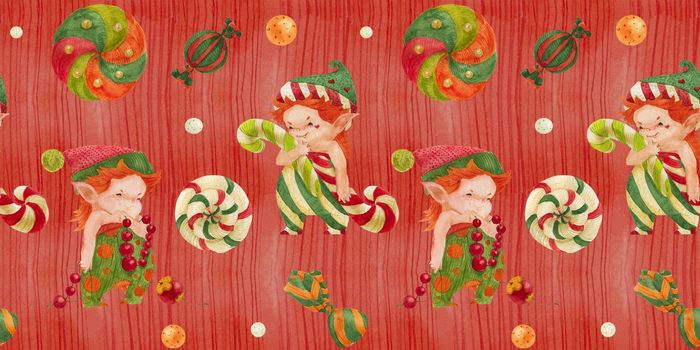 Christmas Elves Story red seamless watercolor pattern, elves and candy canes