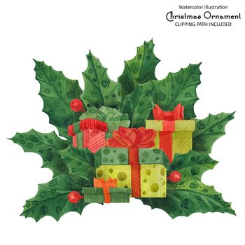 Christmas holly bouquet with gift boxes, isolated watercolor illustration and clipping path