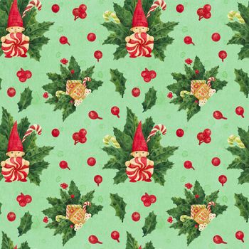 Christmas Holly watercolor seamless green pattern with gnome and gingerbread house and candy canes