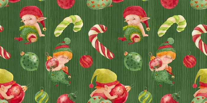 Christmas Elves Story green seamless pattern, baby elves with glass baubles and candy canes
