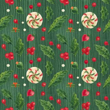 Christmas green watercolor seamless pattern with lollipops and glass baubles