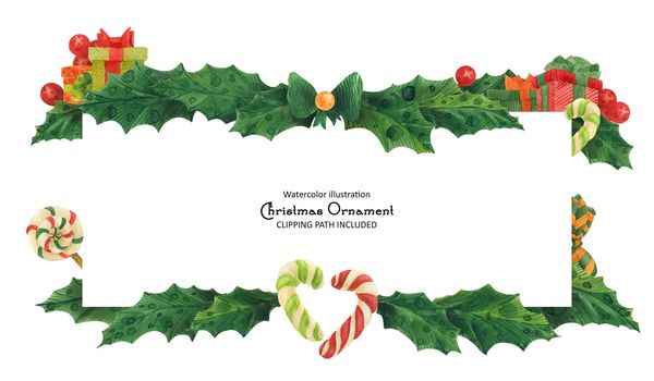 Christmas holly border with candy canes and gift boxes, isolated watercolor illustration and clipping path