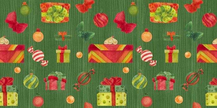Christmas Elves Factory seamless watercolor pattern with sweets and gift boxes