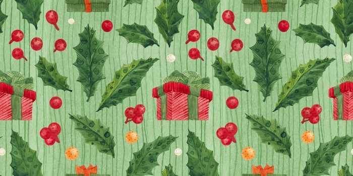 Christmas Elves Factory seamless watercolor pattern with holly and red gift box
