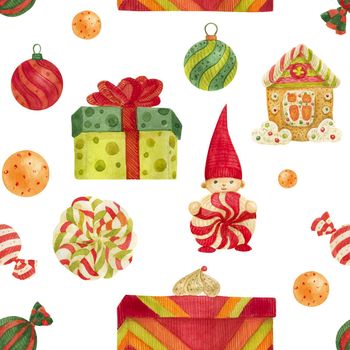 Christmas Elves Factory seamless watercolor pattern with gingerbread and lollipops and gifts on a white