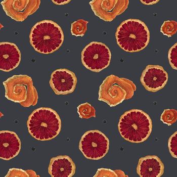 Slices of dried red orange seamless pattern, watercolor on a dark background