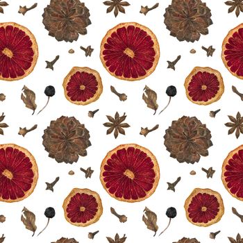 Christmas seamless pattern with oranges and spices and cones on a white background, clipping path included
