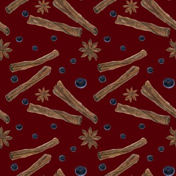 Christmas red mulled wine spices seamless pattern, watercolor on a dark background