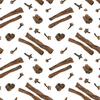 Cloves and Cinnamon. Dried buds and barks, watercolor white seamless pattern with clipping path