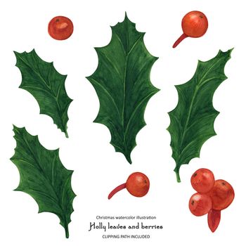 Christmas floral set with Holly leaves and berries, isolated watercolor and clipping path