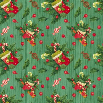 Christmas Holly watercolor green seamless pattern with elf stockings and candy canes