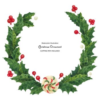 Christmas holly wreath with lollipop, isolated watercolor illustration and clipping path