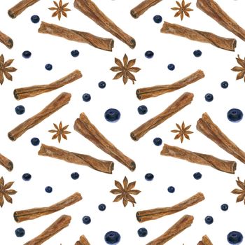 Christmas hot drink spices seamless pattern, watercolor on a white background