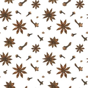 Dried clove and star anise watercolor white seamless pattern with clipping path
