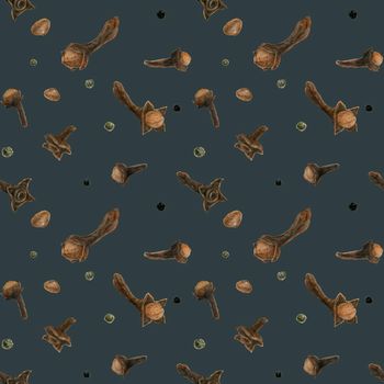 Cloves. Dried buds, watercolor dark seamless pattern with clipping path