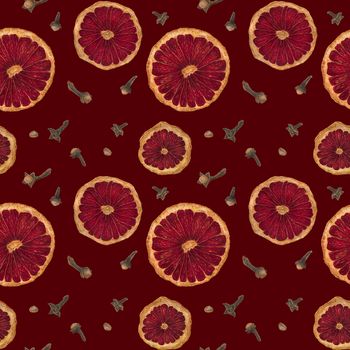 Christmas spiced hot wine seamless pattern, watercolor on a red background, clipping path included
