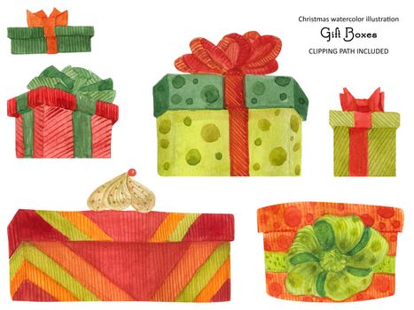 Christmas gift boxes, watercolor illustration with clipping path