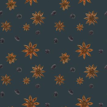 Dried star anise and black berries watercolor dark blue seamless pattern with clipping path