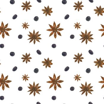 Dried star anise and black berries watercolor white seamless pattern with clipping path