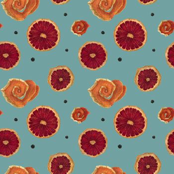 Slices of dried orange seamless pattern, watercolor in vintage colors