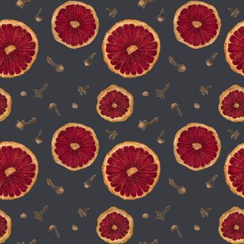 Christmas spiced hot wine seamless pattern, watercolor on a dark background with clipping path