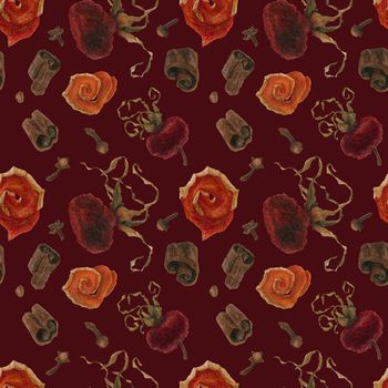 Christmas hot drink spices and hips for seamless pattern, watercolor on a red background