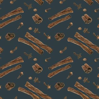 Cloves and Cinnamon. Dried buds and barks, watercolor blue seamless pattern with clipping path