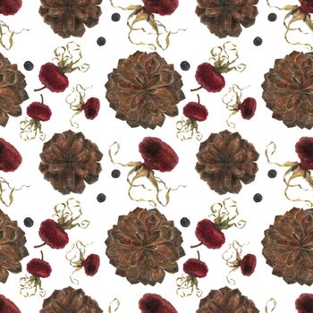 Christmas hot drink spiceshristmas seamless pattern with hips and cones, watercolor on a white background, clipping path included