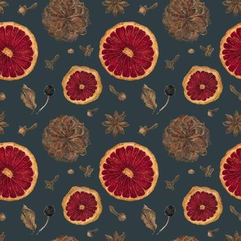New Year seamless pattern with oranges and spices and cones in dark colors, clipping path included