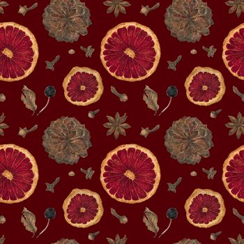 Christmas seamless pattern with oranges and spices and cones on a red background, clipping path included