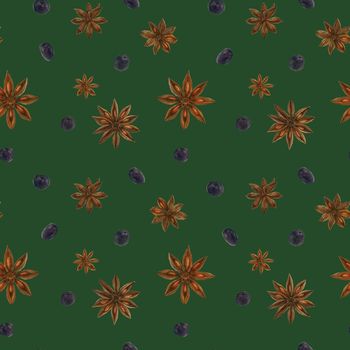 Dried star anise and black berries watercolor green seamless pattern with clipping path