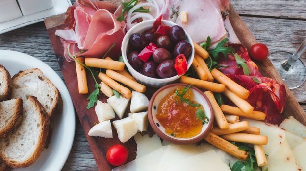 Mediterranean mixed platter to share with a selection of meats and cheeses