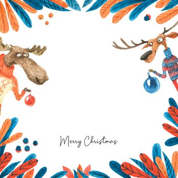Christmas watercolor frame with moose and deer decorating tree, clipping path included