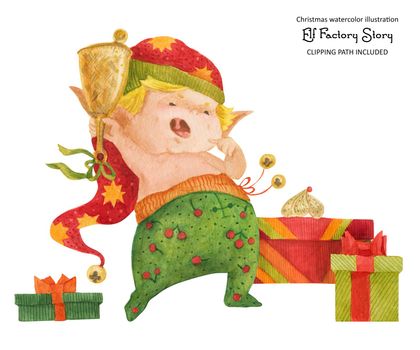 Christmas elf story, elf-wake-up with bell and go for gifts, isolated watercolor and clipping path