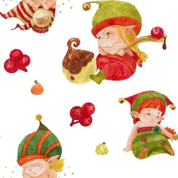 Christmas Elves Story seamless pattern, baby elves with sweets and crystal ball on a white